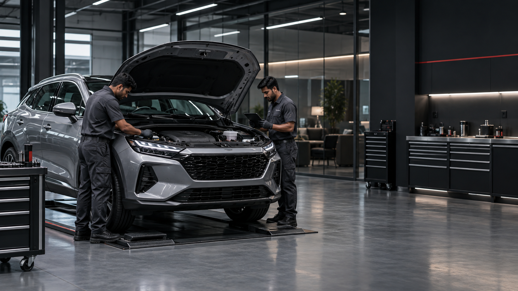 AI concept of technicians inspecting a vehicle in a modern workshop