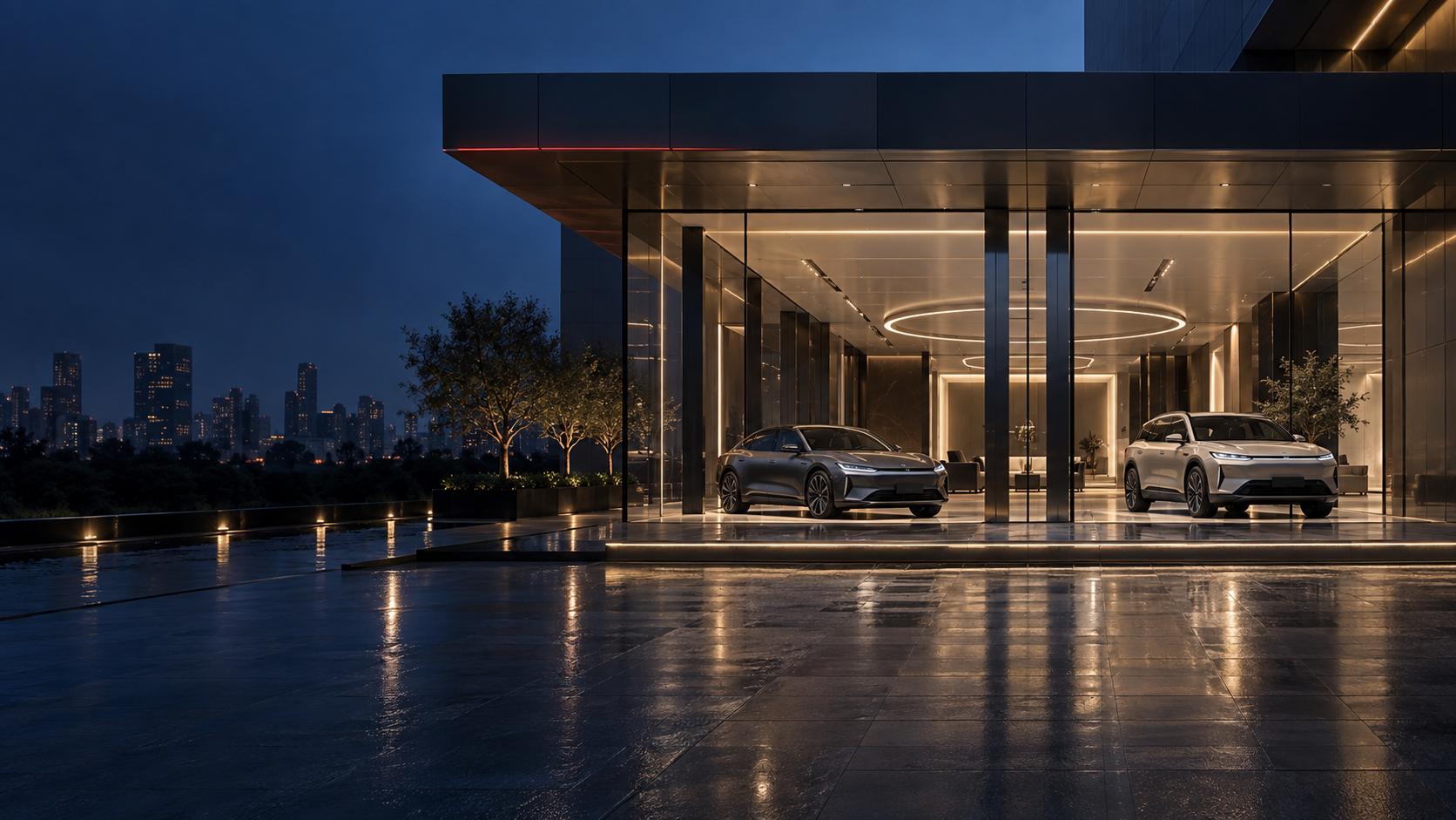 AI concept of a premium contemporary automobile showroom